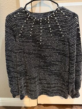 Karl Lagerfeld Black and White Tweed Pearl-Accent Blouse